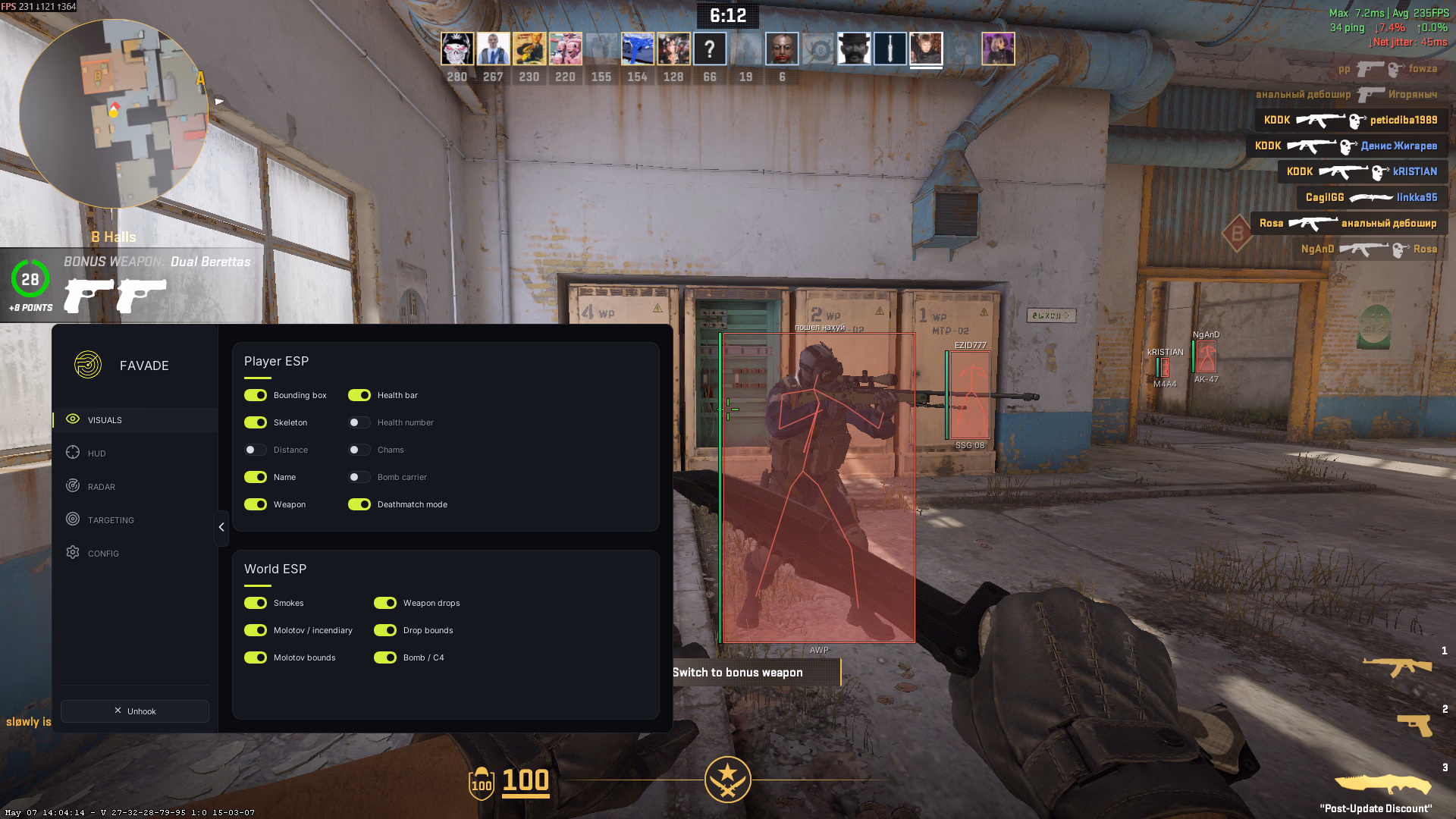 Favade in-game ESP overlay: enemy player rendered with skeleton, health, and a red box through a wall