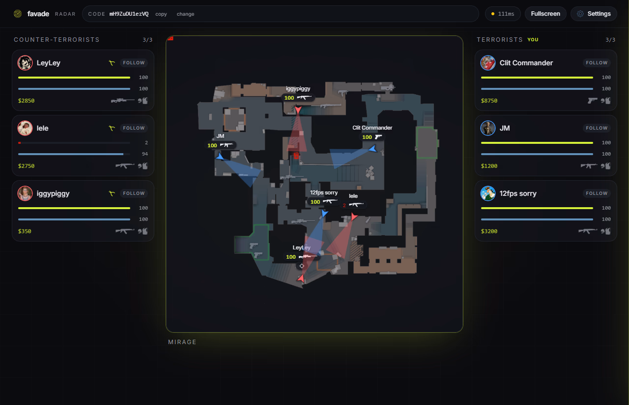 Favade radar dashboard showing live player positions, utility, and bomb state on de_mirage